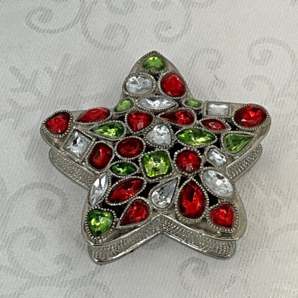 Vtg Lauren Design Star-Shaped Silver-Tone Trinket Box Red Green & Clear Gem Acce - Picture 1 of 6